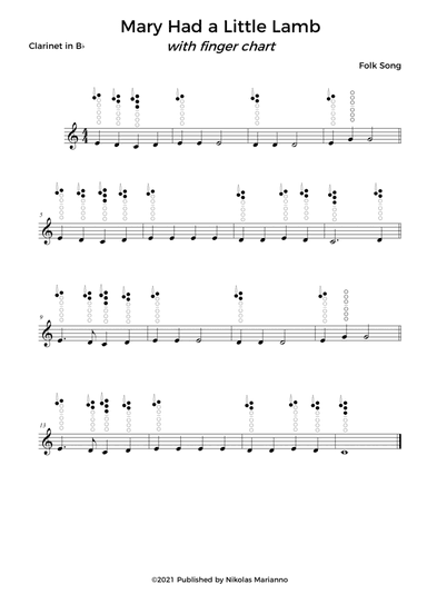 Mary had a little lamb for beginner clarinet with finger chart (arr. Nikolas Pereira)