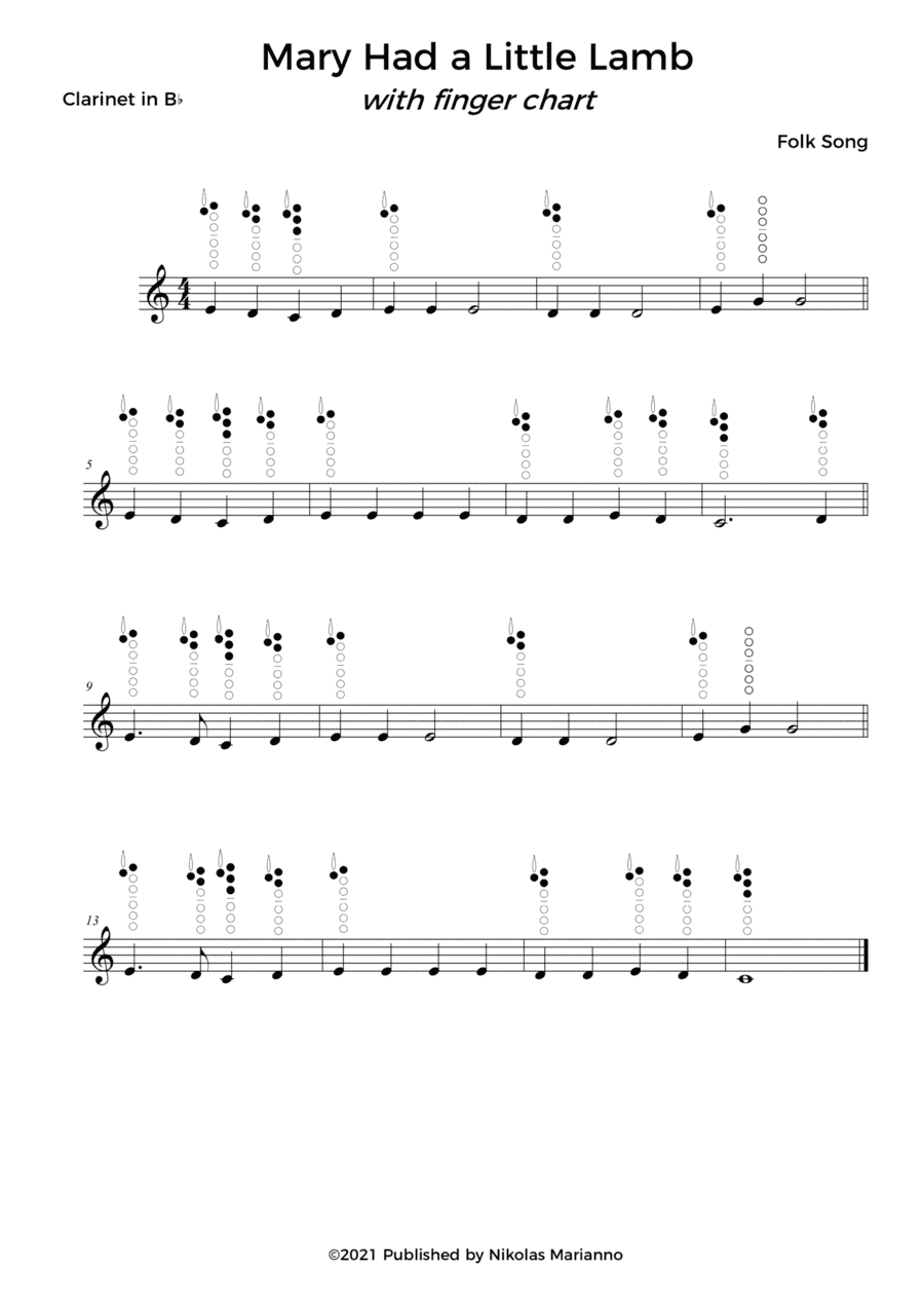 Mary had a little lamb for beginner clarinet with finger chart (arr. Nikolas Pereira)