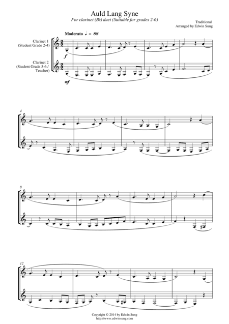 Auld Lang Syne (for clarinet (Bb) duet, suitable for grades 2-6) (arr. Edwin Sung)