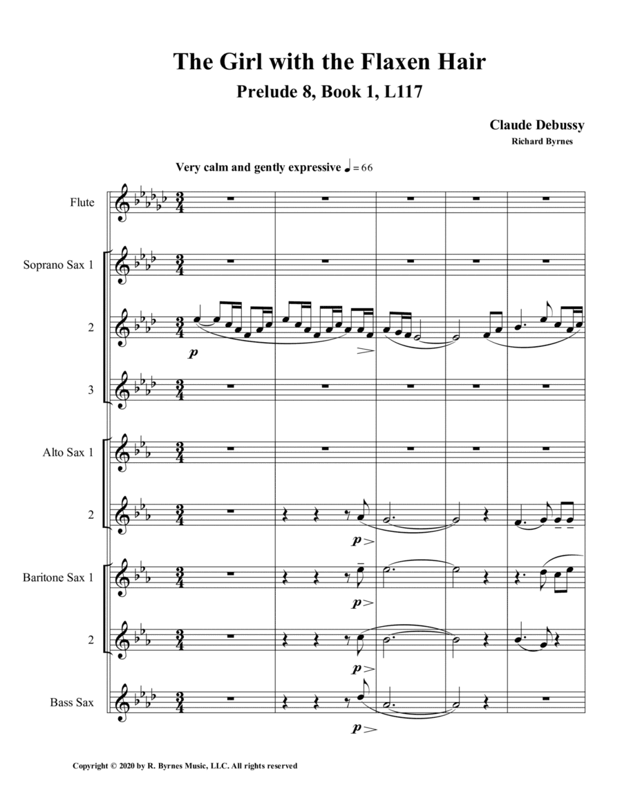 The Girl with the Flaxen Hair, Prelude 8, Book 1 by Claude Debussy (Saxophone Octet + Flute) (arr. Richard Byrnes)
