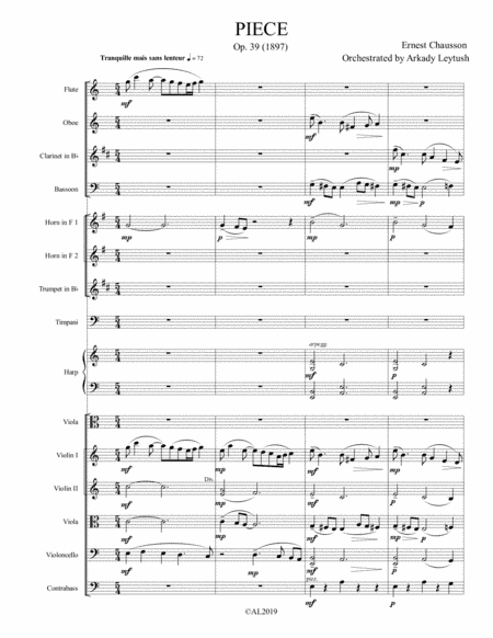 Ernest Chausson -  PIECE,  Op.39,  For Viola and Chamber Orchestra,  Orchestrated by Arkady Leytush (arr. Arkady Leytush)