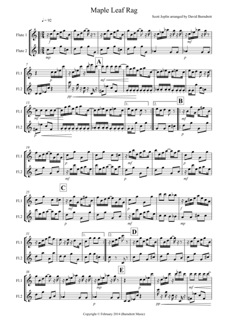 Maple Leaf Rag for Flute Duet (arr. David Burndrett)