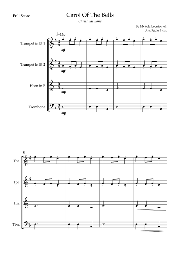 Carol Of The Bells (Christmas Song) for Brass Quartet (arr. Fabio Britto)