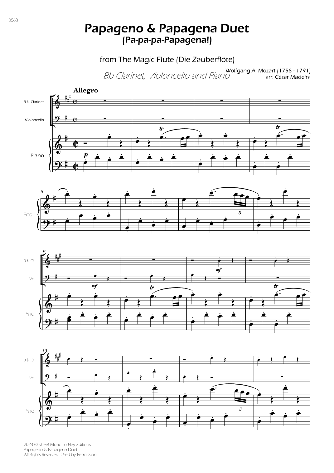 Papageno and Papagena Duet - Bb Clarinet, Cello and Piano (Full Score) - Score Only (arr. César Madeira)