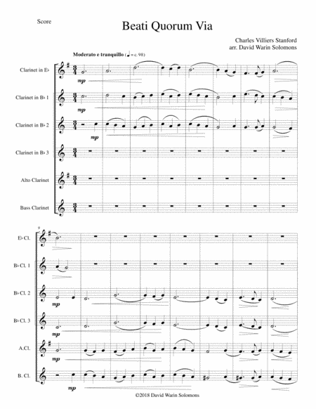 Beati Quorum Via for clarinet sextet or clarinet choir (E flat, 3 B flats, Alto, Bass) (arr. David Warin Solomons)