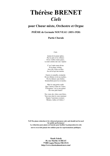Thérèse Brenet: Ciels for SATB chorus, orchestra and organ, chorus part
