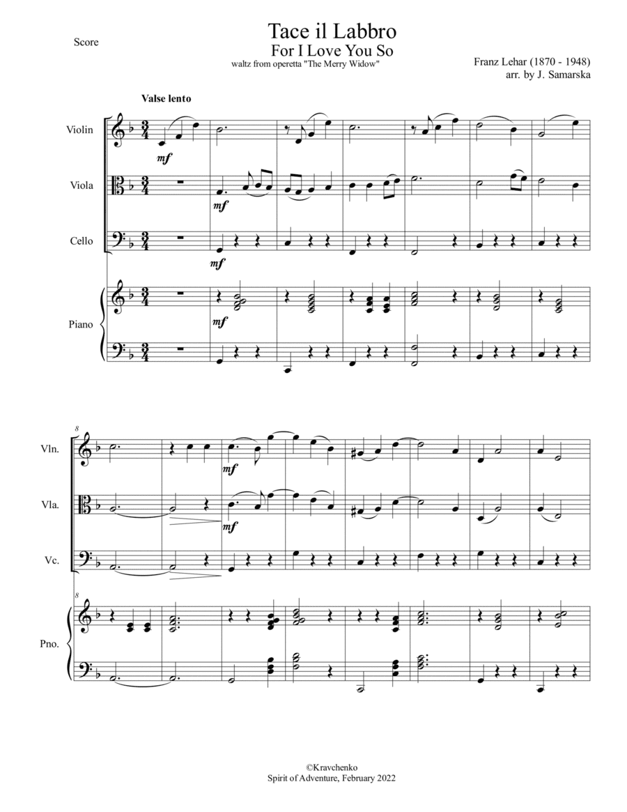 Franz Lehar - Tace il Labbro from "The Merry Widow" arr. for piano quartet (score and parts) (arr. Julia Samarska)