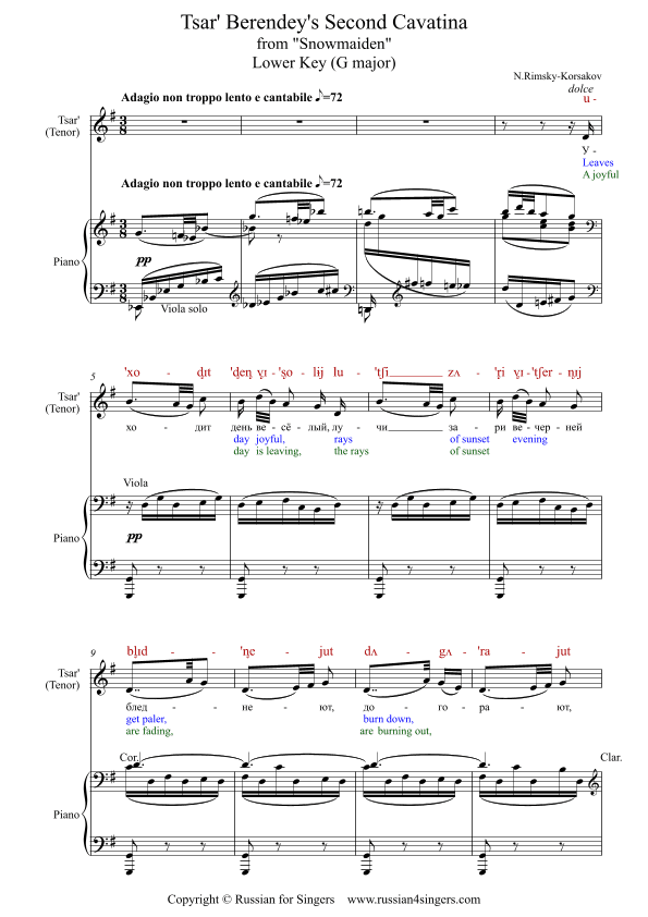 "Snowmaiden": Berendey’s Second Cavatina. Lower key. DICTION SCORE w IPA & translation (arr. Russian for Singers)