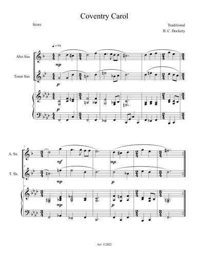 Coventry Carol (Alto and Tenor Sax Duet with Piano Accompaniment) (arr. B. C. Dockery)