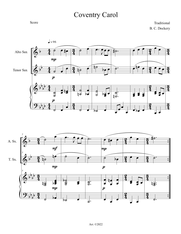 Coventry Carol (Alto and Tenor Sax Duet with Piano Accompaniment) (arr. B. C. Dockery)