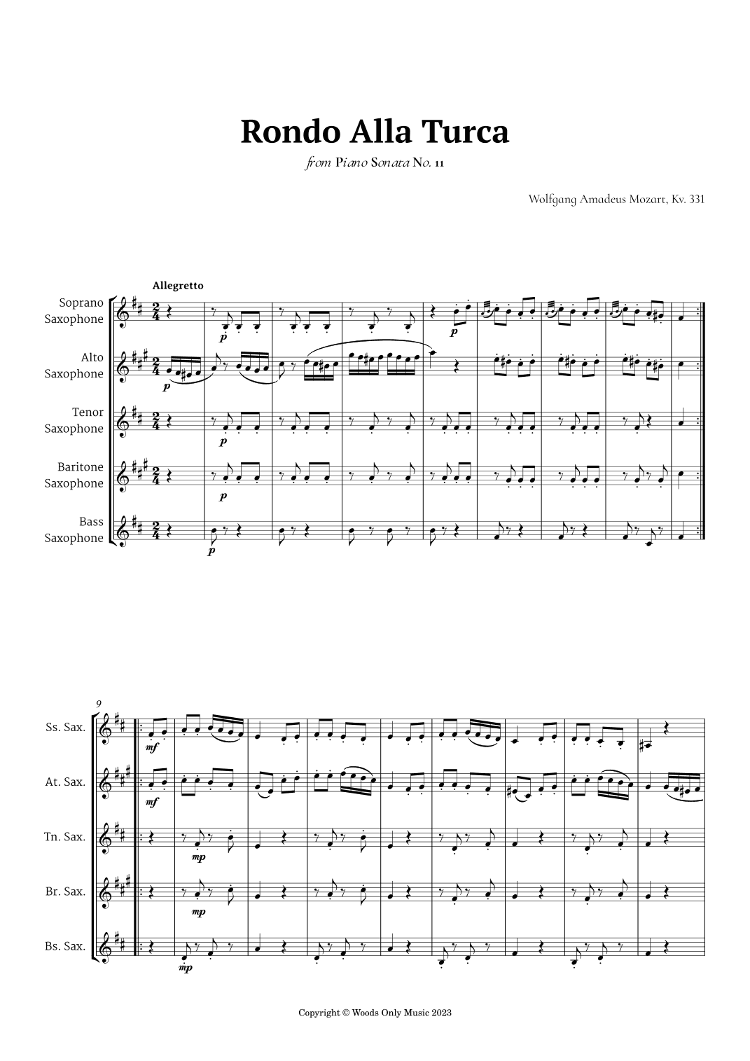 Rondo Alla Turca by Mozart for Sax Ensemble Quintet (arr. Ander)