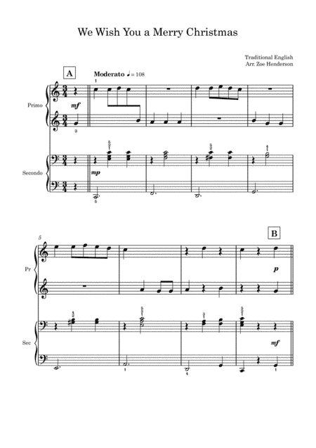 We Wish You a Merry Christmas (Beginner Piano Duet) (arr. New Sky Music Publishing)