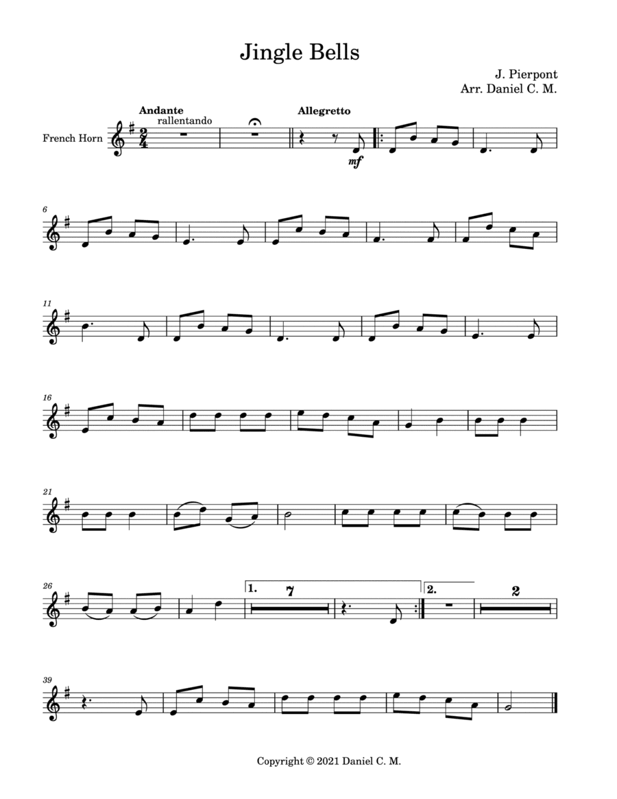Jingle Bells for french horn and piano (easy) (arr. Daniel C. M.)