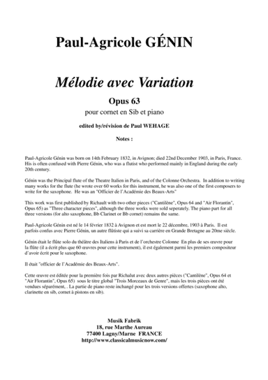 Paul-Agricole Génin: Mélodie avec variation, opus 63, for Bb cornet and piano (arr. Paul Wehage)