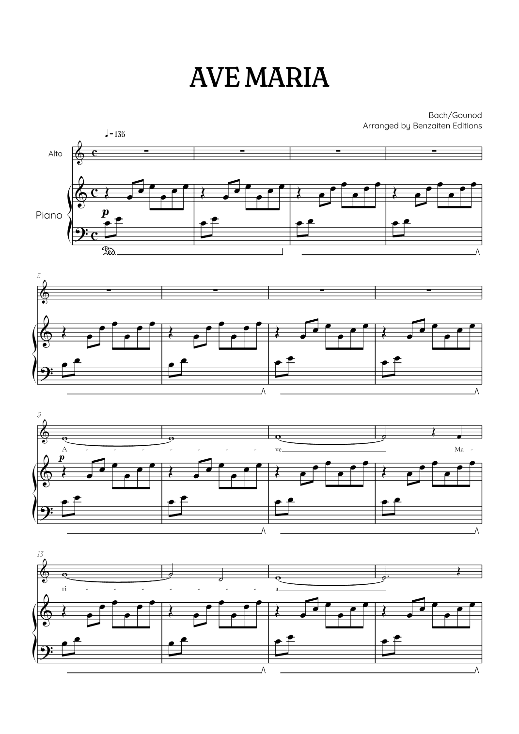 Bach / Gounod Ave Maria in C major • contralto sheet music with piano accompaniment (arr. Benzaiten Editions)