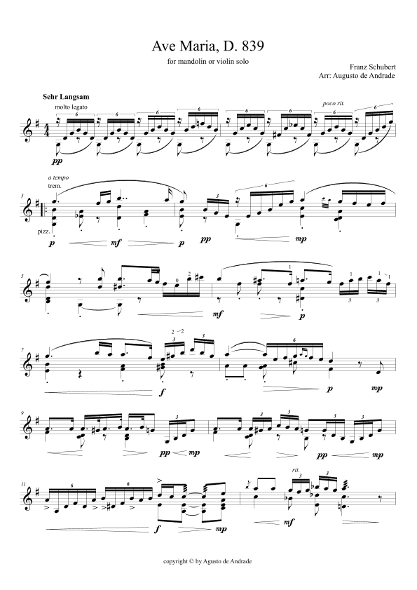 Ave Maria for mandolin or violin solo (arr. Augusto de Andrade)