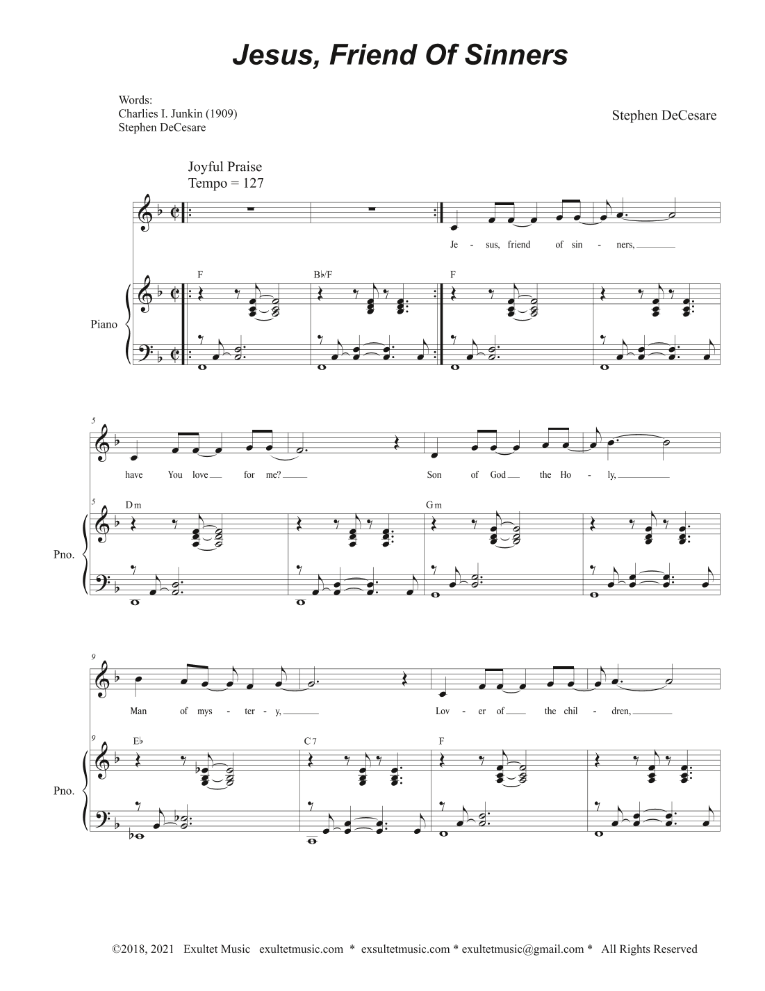 Jesus, Friend Of Sinners (Unison choir - High Key)