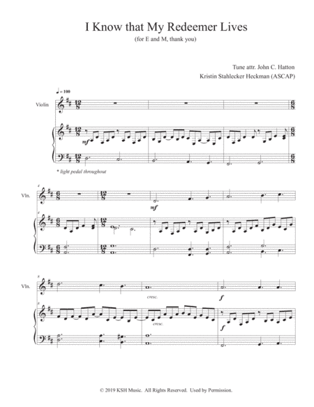 I Know My Redeemer  (violin and piano) (arr. Kristin Stahlecker Heckman)