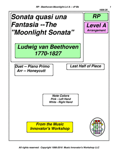 Beethoven - Moonlight Sonata Duet Arrangement - (Key Map Tablature) (arr. John M. Honeycutt)