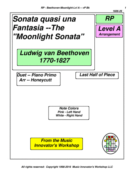 Beethoven - Moonlight Sonata Duet Arrangement - (Key Map Tablature) (arr. John M. Honeycutt)