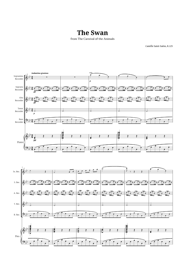 The Swan by Saint-Saëns for Recorder Quintet and Piano (arr. Langanho)