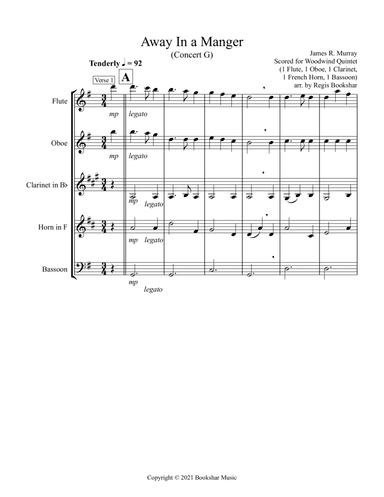 Away in a Manger (G) (Woodwind Quintet - 1 Flute, 1 Oboe, 1 Clar, 1 Hrn, 1 Bassoon) (arr. Regis Bookshar)