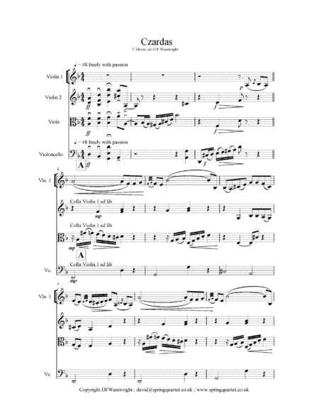 Czardas by V Monti arranged for string quartet with score, parts, rehearsal letters (arr. D F Wainwright)
