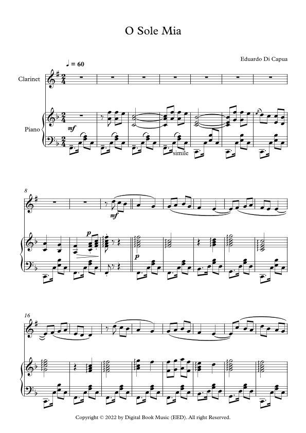 O Sole Mio - Eduardo Di Capua (Clarinet + Piano) (arr. Digital Book Music)