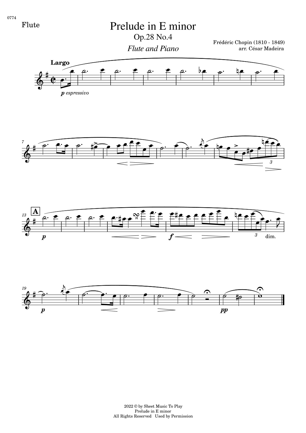 Prelude in E minor by Chopin - Flute and Piano (Individual Parts) (arr. César Madeira)