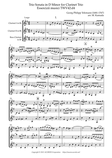 Trio Sonata in D Minor for Clarinet Trio Essercizii musici TWV42:d4 (arr. Mikio Kamada)