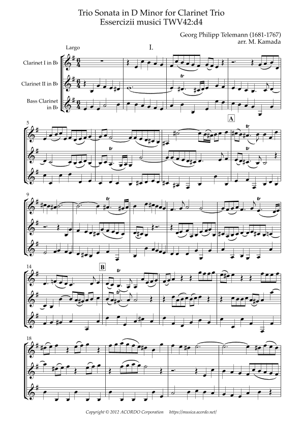 Trio Sonata in D Minor for Clarinet Trio Essercizii musici TWV42:d4 (arr. Mikio Kamada)