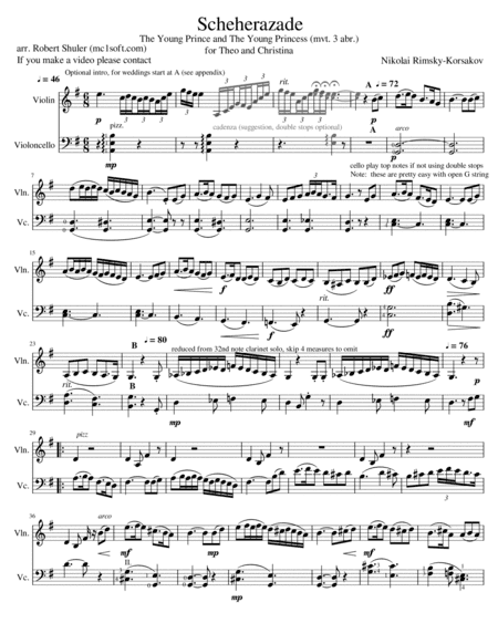 Scheherazade Movement 3 Young Prince and Young Princess for Violin & Cello (arr. Robert Shuler)