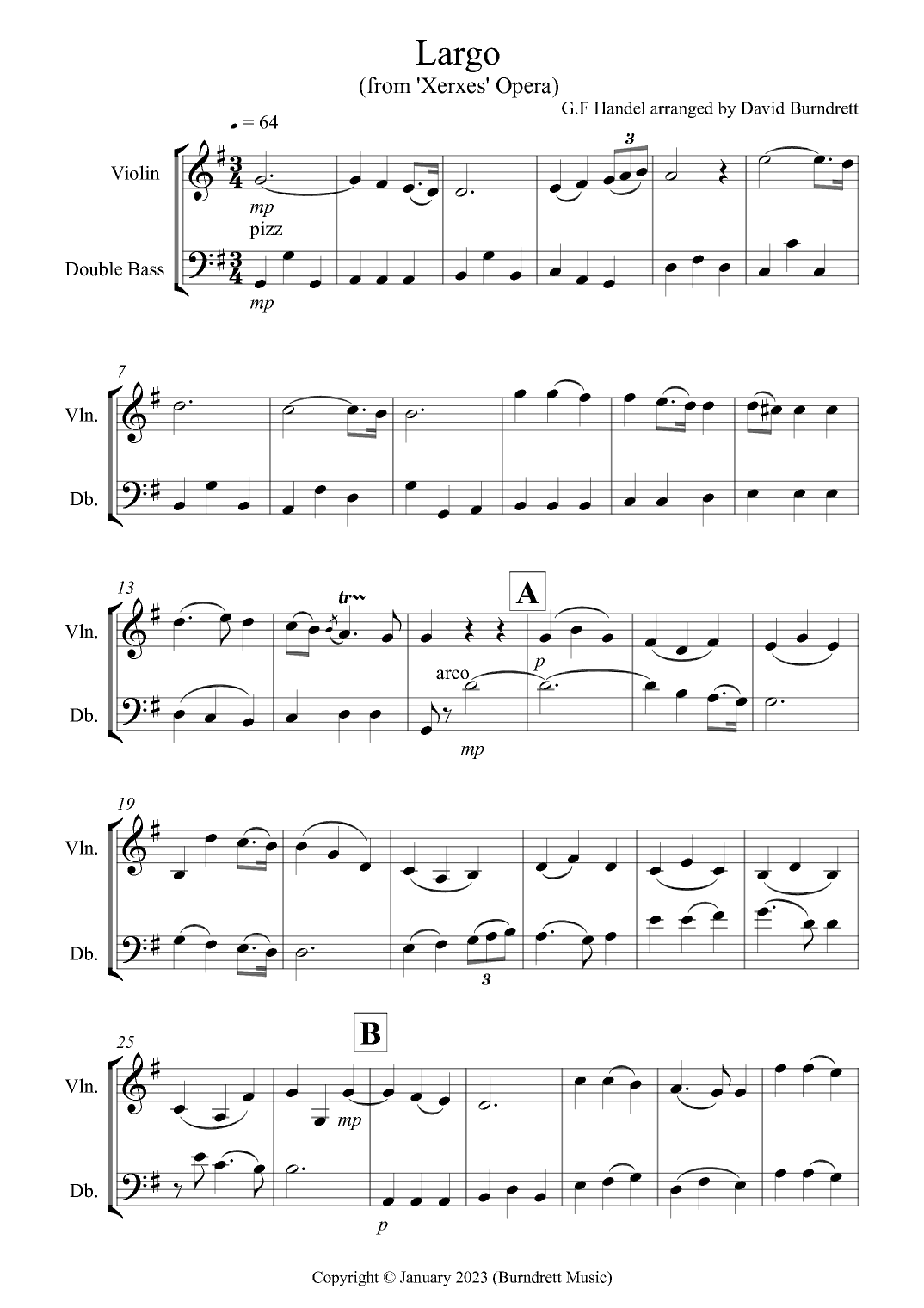 Largo (from Handel's Opera Xerxes) for Violin and Double Bass Duet (arr. David Burndrett)