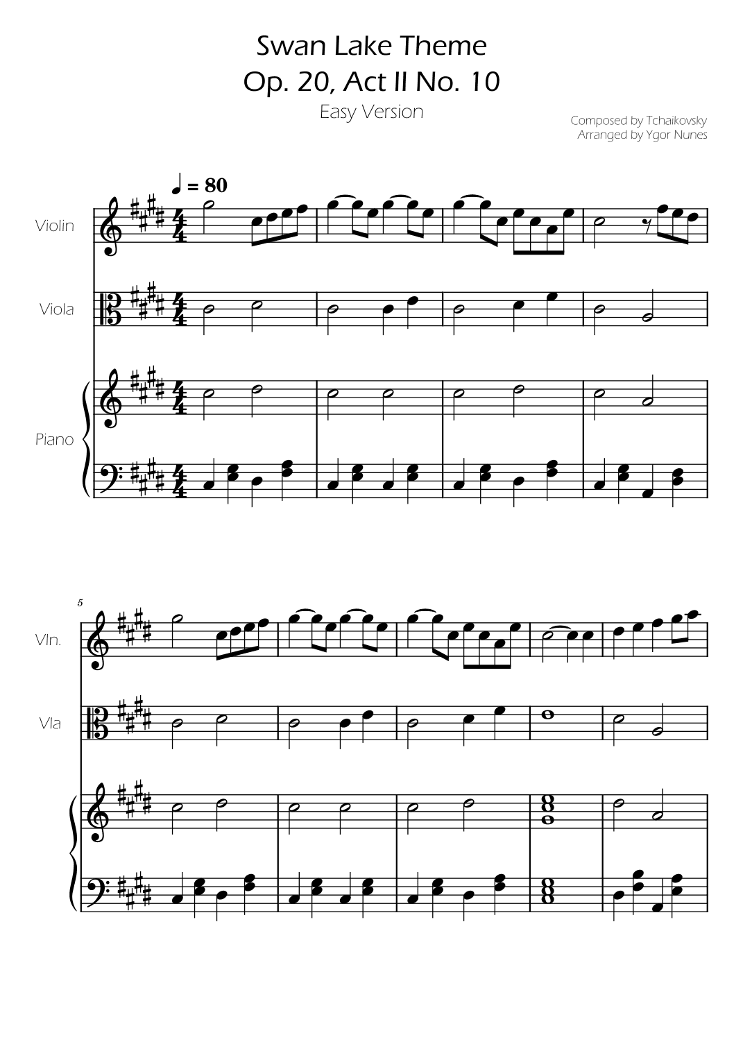 Swan Lake (theme) - Tchaikovsky - Violin and Viola w/ Piano Accompaniment (arr. Ygor Nunes)