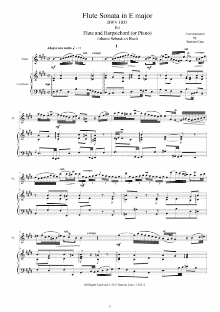 Bach - Flute Sonata in E major BWV 1035 for Flute and Harpsichord or Piano (arr. Santino Cara)