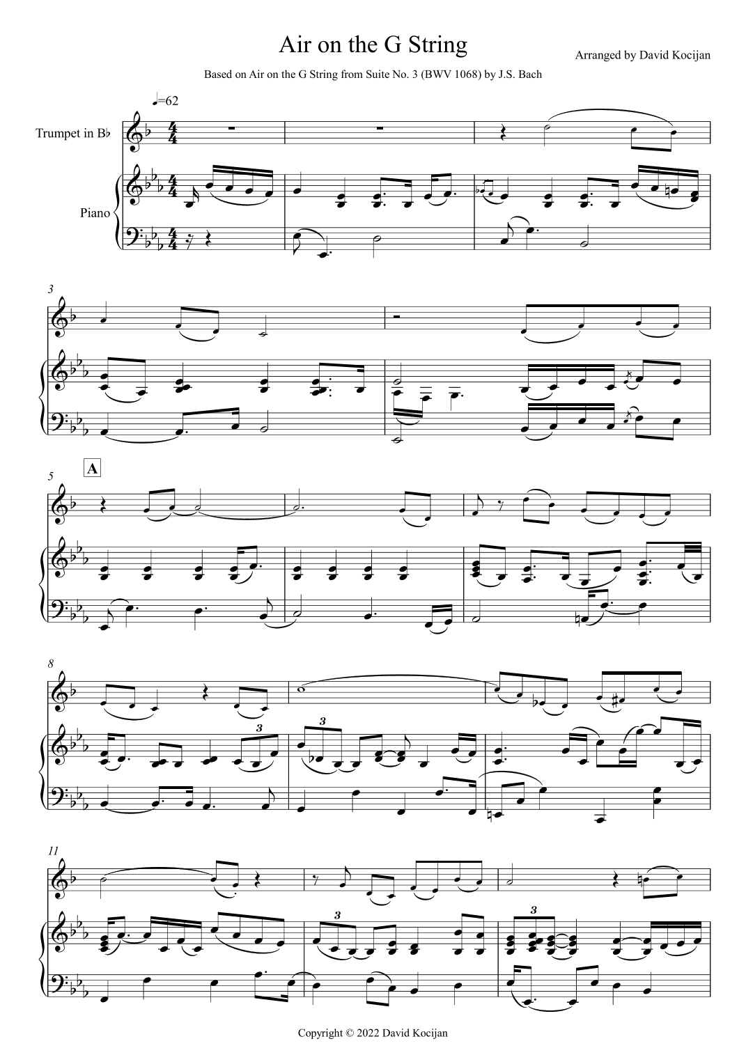 Air on the G String (trumpet in Bb & piano) - EASY (arr. David Kocijan)
