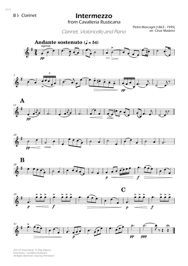 Intermezzo from Cavalleria Rusticana - Bb Clarinet, Cello and Piano (Individual Parts) (arr. César Madeira)