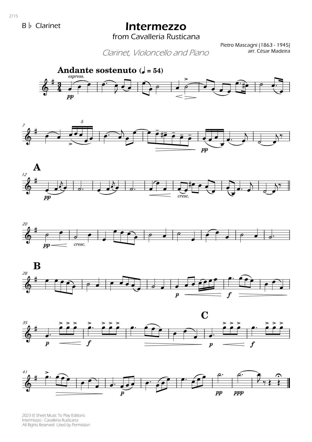 Intermezzo from Cavalleria Rusticana - Bb Clarinet, Cello and Piano (Individual Parts) (arr. César Madeira)
