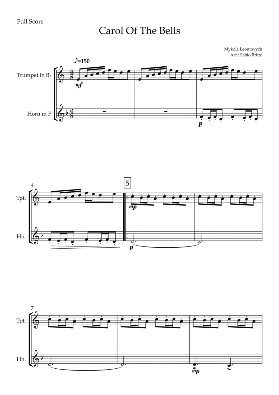 Carol Of The Bells (Mykola Leontovych) for Trumpet in Bb & Horn in F Duo (arr. Fabio Britto)