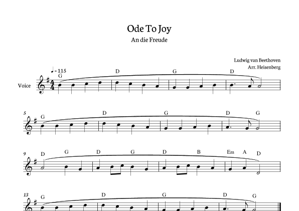 Beethoven - Ode To Joy for voice with chords in G (Lyrics in German)  (arr. Heisenberg)