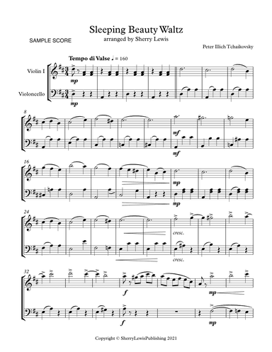 SLEEPING BEAUTY WALTZ,  String Duo, Early Intermediate Level for violin and cello (arr. Sherry Lewis)