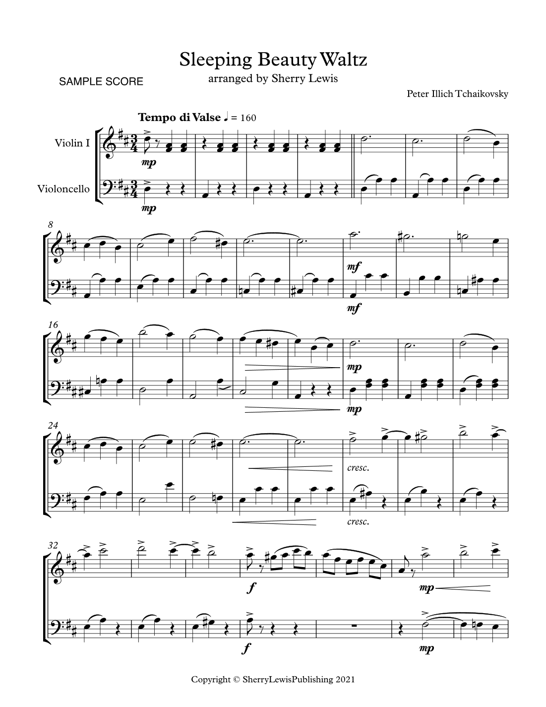 SLEEPING BEAUTY WALTZ,  String Duo, Early Intermediate Level for violin and cello (arr. Sherry Lewis)