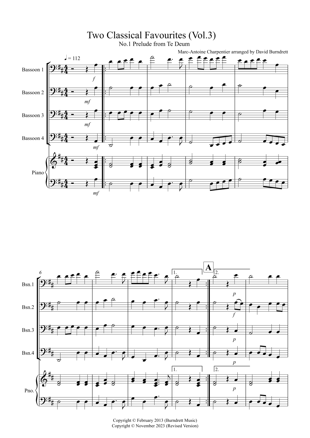 2 Classical Favourites for Bassoon Quartet (volume three) (arr. David Burndrett)