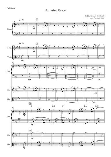 Amazing Grace (John Newton, E. O. Excell) for Violin & Viola Duo and Piano Accompaniment with Chords (arr. Fernando Britto)