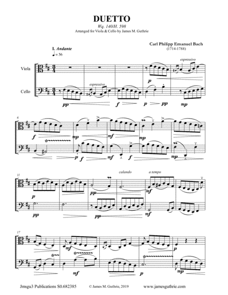 CPE Bach: Duetto Wq. 140 for Viola & Cello (arr. James M. Guthrie, ASCAP)