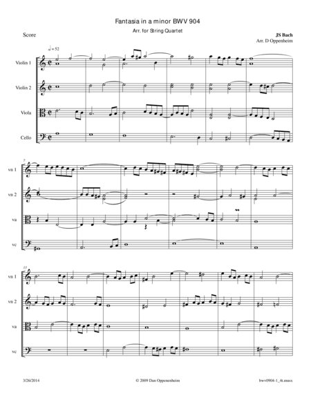 Fantasia in a minor BWV 904 Arr. for String Quartet (arr. D Oppenheim)