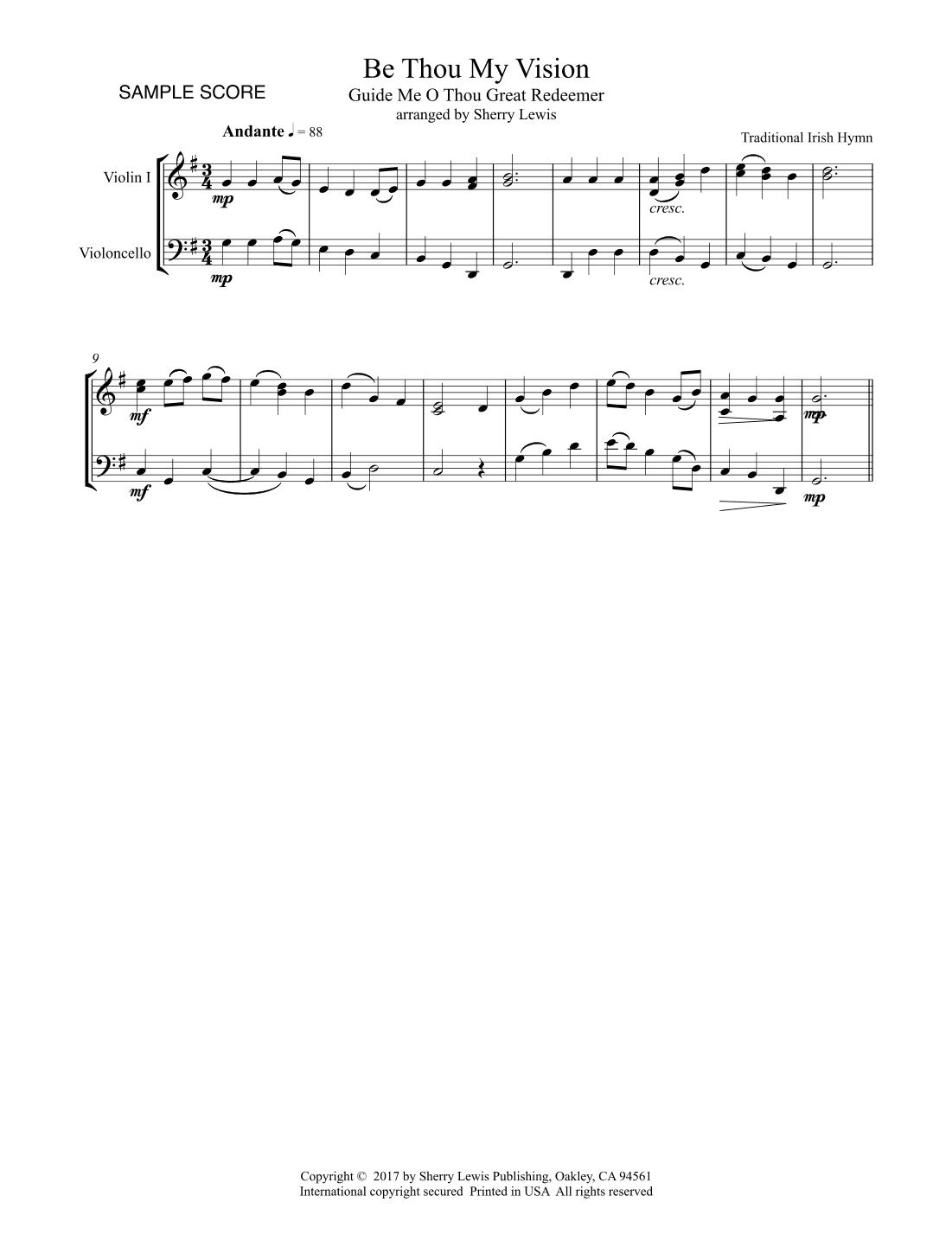 BE THOU MY VISION, A Traditional Irish Hymn, String Duo, Intermediate Level for violin and cello (arr. Sherry Lewis)