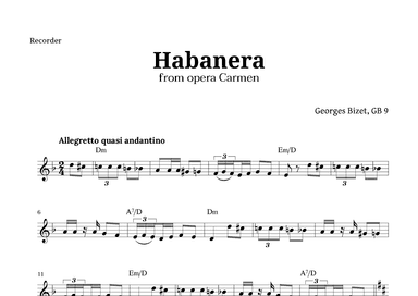 Habanera from Carmen by Bizet for Recorder with Chords (arr. Langanho)
