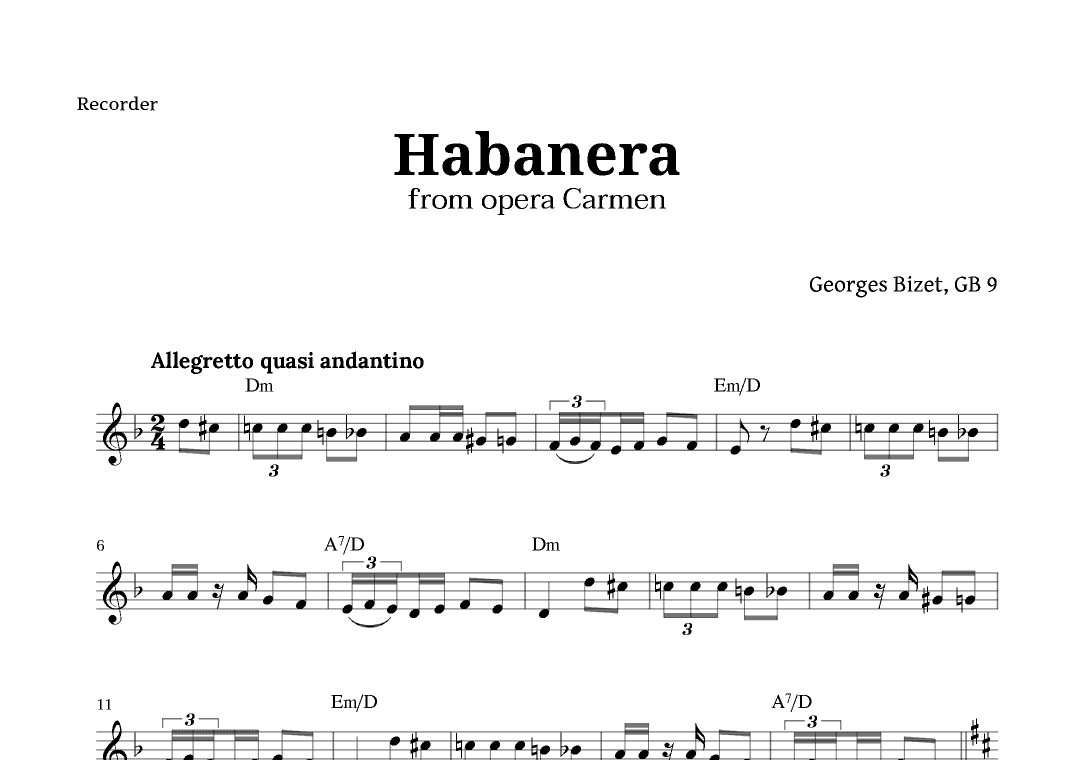 Habanera from Carmen by Bizet for Recorder with Chords (arr. Langanho)