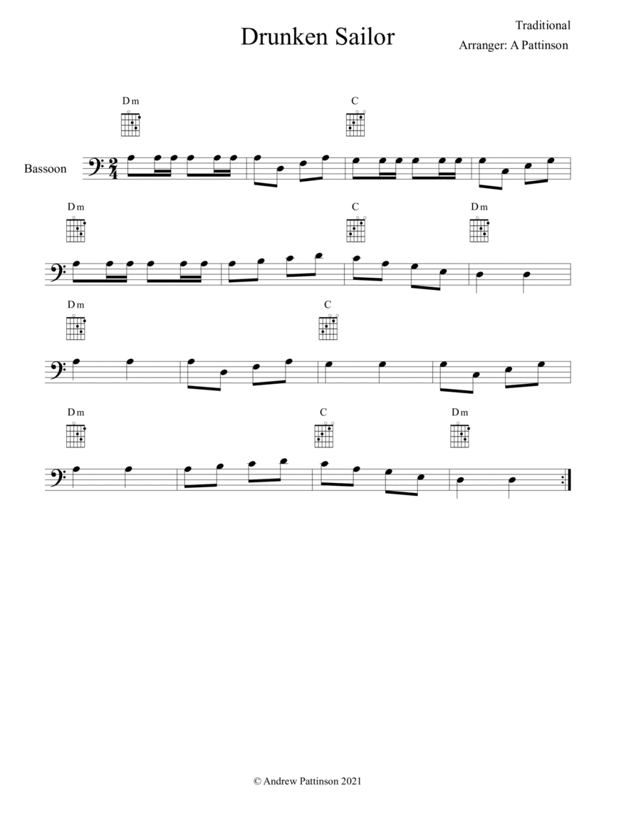 Drunken Sailor for Easy Bassoon with Chords (arr. Andrew Pattinson)